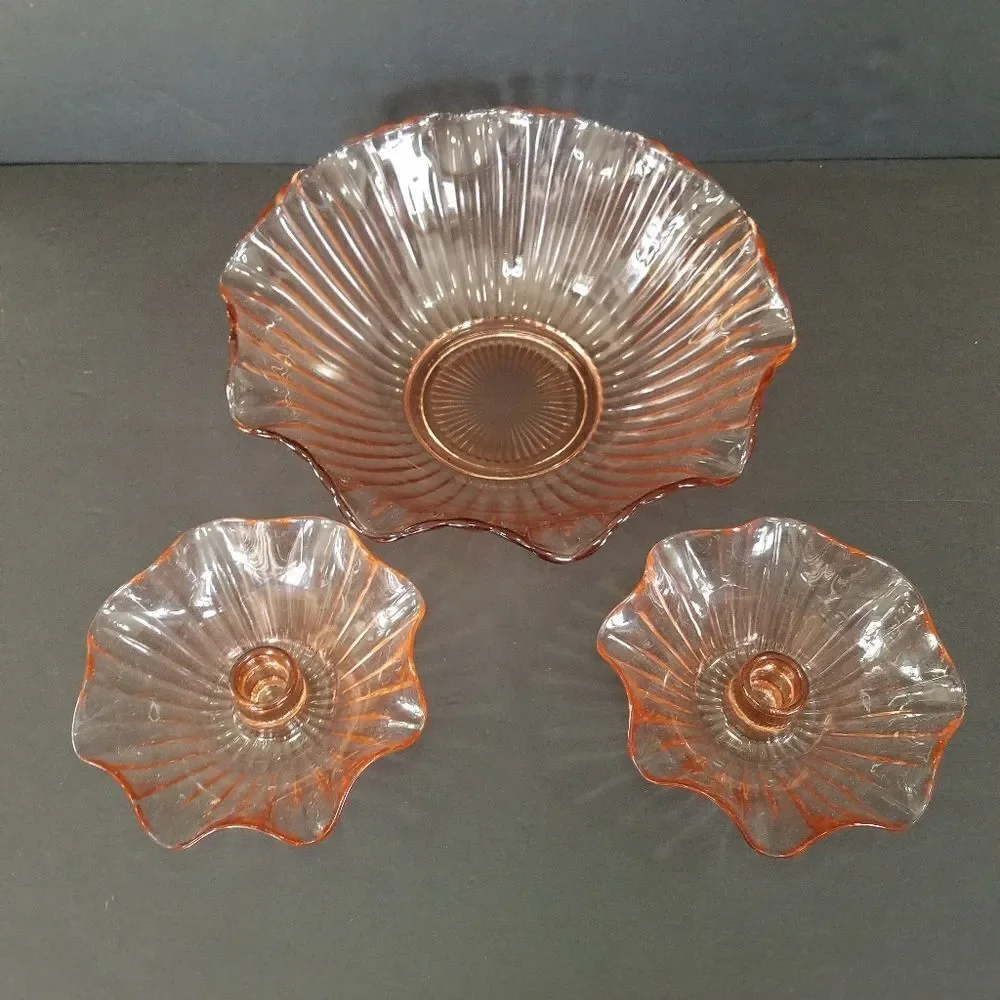Vintage Anchor Hocking Large Pink Glass Ruffled Bowl & Matching Candle Holders